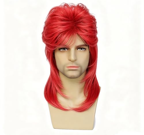 Unisex Mullet Wig, Synthetic 70s 80s Retro Costume Wig for Men Women, Joe Dirt Redneck Fancy Party Halloween Cosplay (Bright red) - color: Bright red