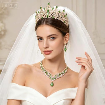 Tiaras Crowns for Women,Wedding Jewelry Set, Tiaras Necklace Earrings Crystal Bridal Wedding Jewelry Sets for Brides Bridesmaid Prom Costume Accessories - color: Gold lack green