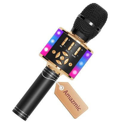 Amazmic Kids Karaoke Microphone Machine Toy Bluetooth Microphone Portable Wireless Karaoke Machine Handheld with LED Lights, Gift for Children Adults Birthday Party, Home KTV(Black Gold) - color: Black Gold