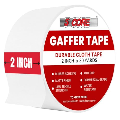 5 CORE Gaffers Tape 2 Inch 30 Yards Professional Pro Gaff Tape Heavy Duty Cotton Non Reflective Matte Finish Water Resistant Residue Free - GFF TP WH - color: White