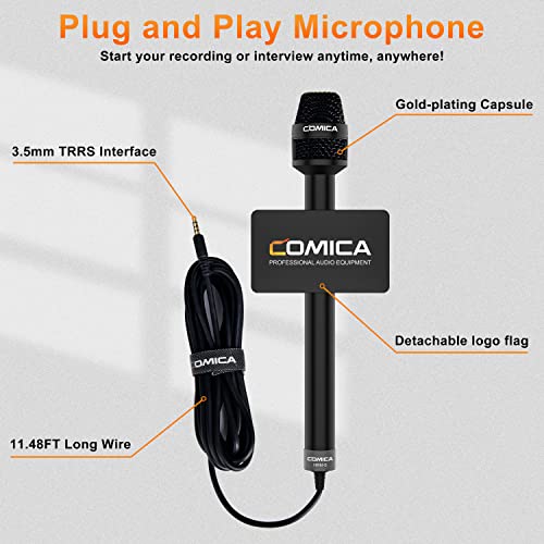 COMICA HRM-S Handheld Interview Microphone for Smartphone, 3.5mm TRRS Cardioid Condenser Reporter Mic for Video Recording, Interview, Speech, Vocal