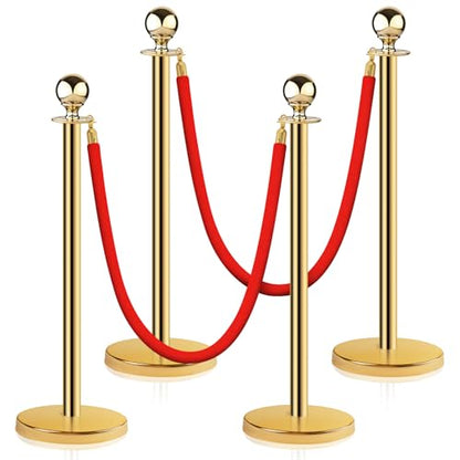 Stainless Steel Stanchion Post Queue 5 ft Red Velvet Rope Red Carpet Ropes and Poles Crowd Control Barriers Sand Injection Hollow Base and Velvet Ropes Set for Party Supplies (4 Pieces, Gold) - color: Gold-4PCS
