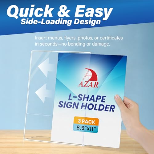 Azar 223238-3PK Anti-Glare Matte Clear Acrylic Sign Holders 8.5”W x 11”H – Portrait L-Shaped Frame for Tabletop, Counter Display – Side Loading, Durable Plastic Picture or Menu Frame (Pack of 3)