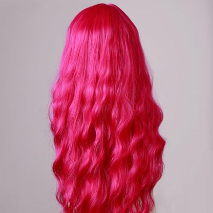 Rose Purple Curly Wig with Bangs for Women, 31 Inch Colorful Synthetic Cosplay Wig, Natural Looking Wig with Wig Cap for Parties and Dress Up - color: Rose mixed Purple