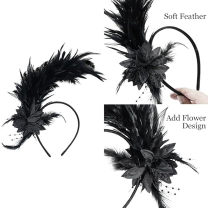 Loieryk Feathers Fascinator Headband 1920s Queen Headpiece Fascinators Hats for Women Tea Party Flower Headpiece - color: Black