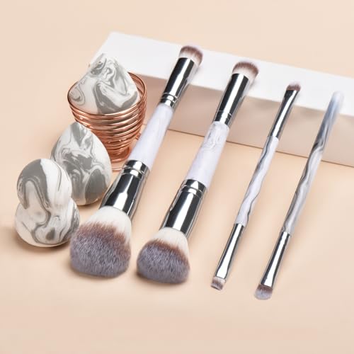 Grey Makeup Brushes set, 4 Dual-Ended Brushes, 3 Makeup Sponges & 1 Metal Stand, Professional Complete Cosmetic Brush Set, for Foundation Powder Blush Eyeshadow - style: Grey 8-piece set