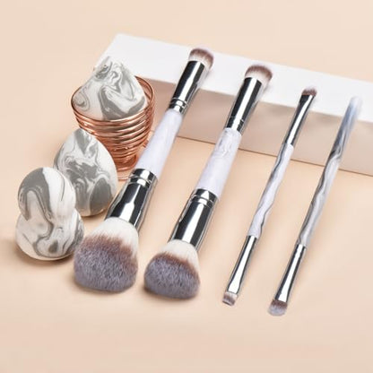 Grey Makeup Brushes set, 4 Dual-Ended Brushes, 3 Makeup Sponges & 1 Metal Stand, Professional Complete Cosmetic Brush Set, for Foundation Powder Blush Eyeshadow - style: Grey 8-piece set