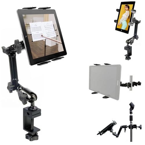 Heavy Duty 4-Way Adjust Aluminum Alloy Pole/Bar Music Mic Microphone Stand Clamp Mount for iPad Pro Air Mini Galaxy Surface Pro 7-12" Tablets (Good for Uber Eat Doordash Postmate salso)