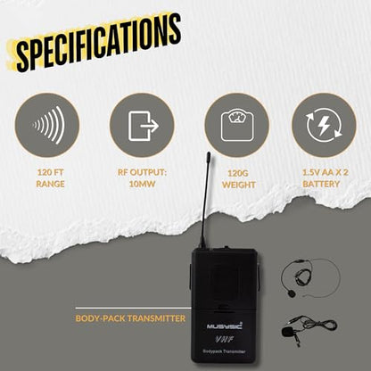 MUSYSIC 4-Channel VHF Wireless Microphone System with Metal Receiver | 2 Handheld and 2 Bodypack, for Church, Party, Meetings (4 - Channel) - size: 4 - Channel
