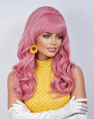 Rugelyss Long Wavy Pink Wig with Bang Big Bouffant Beehive Wigs for Women fits 80s Costume or Halloween Party - color: pink