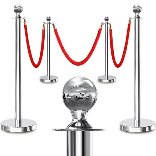 4PCS Silver Stanchions Posts with 3PCS 5 ft Red Velvet Rope, Red Velvet Rope Stanchion Set Crowd Control Barriers, Stanchions and Velvet Ropes Red Carpet Poles for Party Supplies - color: Silver, size: 4