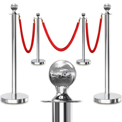 4PCS Silver Stanchions Posts with 3PCS 5 ft Red Velvet Rope, Red Velvet Rope Stanchion Set Crowd Control Barriers, Stanchions and Velvet Ropes Red Carpet Poles for Party Supplies - color: Silver, size: 4
