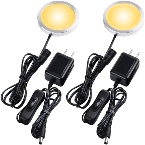 Single LED Puck Light for Under Obove Cabinet Counter Bar Shelf Back Lighting, 120V Electric Direct Wall Plug in, Handy On Off Switch, Black Cables, 2 Packs, Warm White - color: 2 Puck Lights & 2 Adapters, Warm white