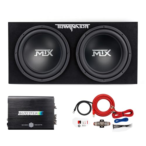 MTX Terminator Dual 12" Subwoofer Box, Mono Amp, & 4 Gauge Wiring Kit | Car Audio System Bundle w/ 1200W Peak Sealed Enclosure Speaker, Thermal Tech, & Aviation-Grade Carpet