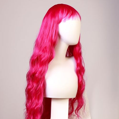 Rose Purple Curly Wig with Bangs for Women, 31 Inch Colorful Synthetic Cosplay Wig, Natural Looking Wig with Wig Cap for Parties and Dress Up - color: Rose mixed Purple