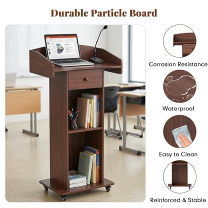 Portable Podium Stand with Metal Wheels Wooden Rolling Lectern Podiums Mobile Pulpit with Drawer Host Stand Reception Desk for Church Office Classroom Conference Restaurant, Brown - color: Brown