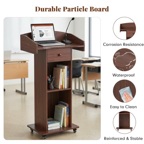 Portable Podium Stand with Metal Wheels Wooden Rolling Lectern Podiums Mobile Pulpit with Drawer Host Stand Reception Desk for Church Office Classroom Conference Restaurant, Brown - color: Brown