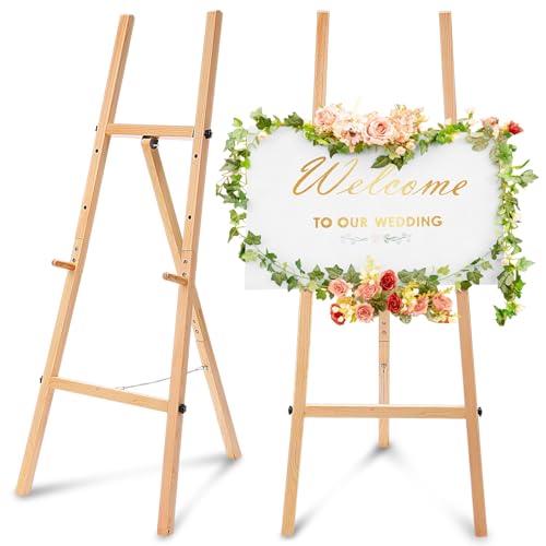 Wooden Croblissful 50" Easel Stand for Wedding Sign Adjustable, Wood | 3 Tier Height, Display Easel with Chain, Heavy Duty Floor Tripod, Welcome Wedding Baby Shower Sign, Painting Canvas Poster - color: Wooden