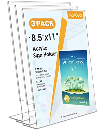 MaxGear Acrylic Sign Holder, 8.5 x 11 L-Shape Plastic Display Stand, 3 Pack | Clear Acrylic Material, L-Shape Design for Menus, Flyers and Signs, Easy Paper Insertion, Use In Office, Home, Store