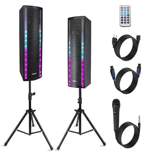 Portable Bluetooth PA System, 2000W Active and Passive Speaker System with Mic Input, Party Lights, USB/SD Card Reader, FM Radio, Tripod, Remote Control, Portable PA Speaker for Outdoor/Indoor Events