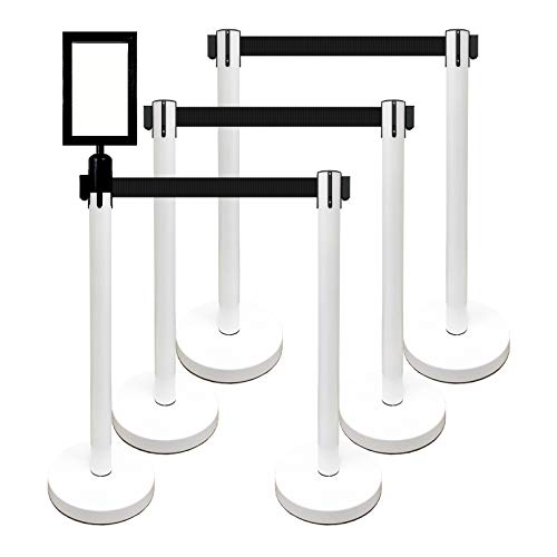 Retractable Stanchion, 6 SPECIALTY Posts + Signframe, 36" Ht, 78" Special Event & Holiday Theme Belt + Bonus Replacement Cassettes + Wall Receiver (WHT Post/Black Belt) - color: Wht Post/Black Belt