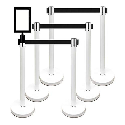 Retractable Stanchion, 6 SPECIALTY Posts + Signframe, 36" Ht, 78" Special Event & Holiday Theme Belt + Bonus Replacement Cassettes + Wall Receiver (WHT Post/Black Belt) - color: Wht Post/Black Belt
