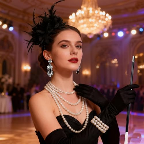 1920s Accessories for Women, Feather Headband Fashion Roaring 20's Theme Set, Pearl Necklace Jewelry Cigarette Rod Black