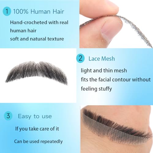 Hand-Tied Human Hair Fake Beard and Mustache for Costumes and Theater | Hand-knotted human hair on lightweight lace creates natural-looking facial hair for costumes, cosplay, theater and film - color: Style 2--black