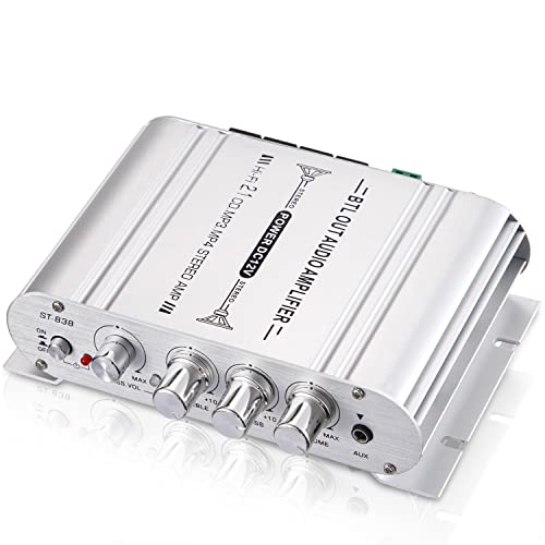 Facmogu ST-838 2.1CH Audio Power Amplifier, RMS 20Wx2+40W Class D Stereo Digital Audio Amp with Subwoofer Output, 80W Mini Subwoofer Amplifier Audio Stereo Bass Amp with DC12V Power Adapter - Silver - color: ST-838 Silver (20Wx2 + Passive Subwoofer)