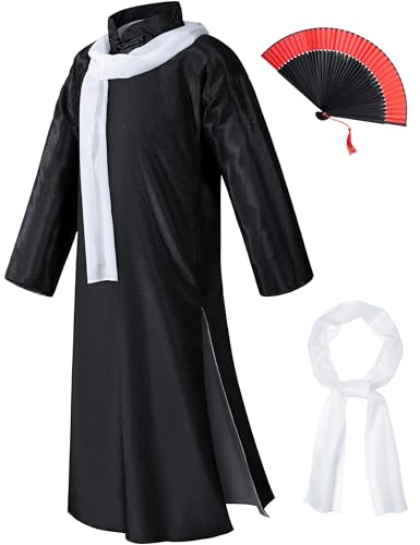 Boys Girls Kids Dragon Tang Coat Chinese Traditional Clothing Master Martial Arts Fan Scarf Set Outfit - color: Black, size: 8-9Years(140cm)