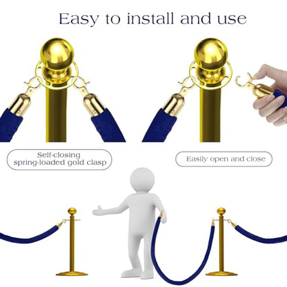Nuogo 6 Pack Blue Velvet Stanchion Rope, 5 Feet Velvet Rope with Gold Hook | Safety Rope Off Barrier, Crowd Control, 1.2 IN in Diameter,Event Weddings Graduation Theaters Grand Opening Hotel - color: Blue