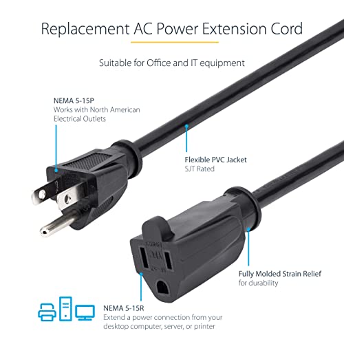 StarTech 15ft Power Extension Cord, 13A 125V, 16AWG, Black (PAC10115) - size: 15 ft, style: 16 AWG/13A/125V