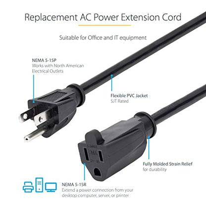 StarTech 15ft Power Extension Cord, 13A 125V, 16AWG, Black (PAC10115) - size: 15 ft, style: 16 AWG/13A/125V