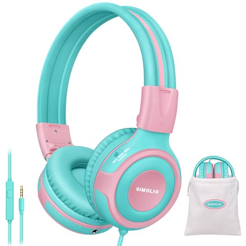 SIMOLIO Kids Headphone with Mic, 75dB,85dB,94dB Volume Limit Share Port, Child Headsets for Tablet/iPad/Kindle/Laptop, Sturdy Toddler Wired Headphones with Portable Bag for Girls, Boys (Mint & Pink) - color: Mint & Pink