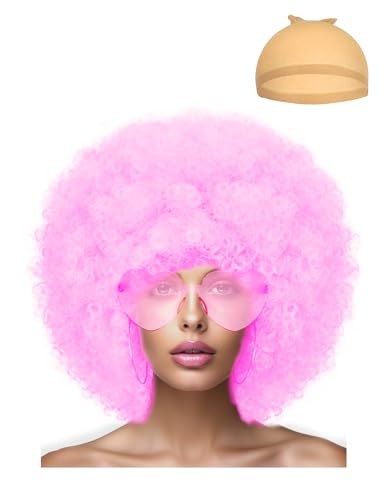 LIULIUBTY Short Bob Hair Wigs Straight with Flat Bangs Synthetic Colorful Cosplay Daily Party Neon Wig for Women + Free Wig Cap 12" Natural As Real (Afro, Pink) - color: Afro, Pink