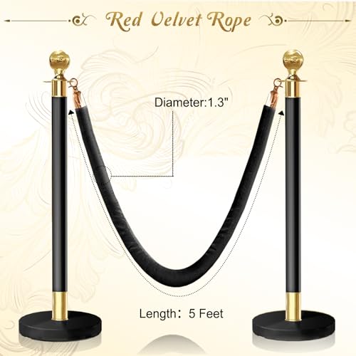 2PCS Black Velvet Stanchion Rope 5 Ft Crowd Control Ropes Barrier with Gold Hooks for Party - color: Black&Gold, size: 2PCS