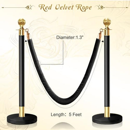 2PCS Black Velvet Stanchion Rope 5 Ft Crowd Control Ropes Barrier with Gold Hooks for Party - color: Black&Gold, size: 2PCS
