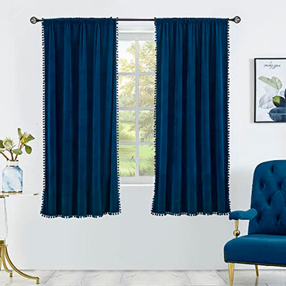 Treatmentex Pom-Pom Blue Velvet Curtains for Living Room 63" Luxury Room Darkening Cotton Feel Soft Classic Navy Royal Blue Window Curtain Panels 2PC - color: Pom Pom- Navy(royal Blue), size: 42"W x 63"L (Pack of 2)