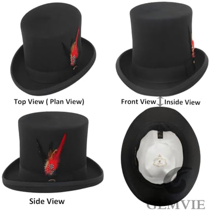 GEMVIE Men 100% Wool Mad Hatter Satin Lined Black Top Hats 6.7" High Topper Hat - size: 7 5/8