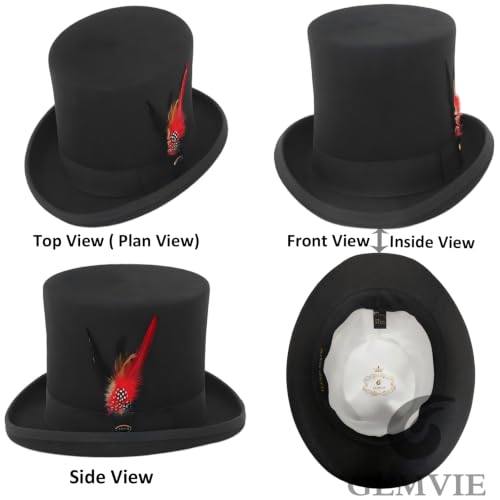 GEMVIE Men 100% Wool Mad Hatter Satin Lined Black Top Hats 6.7" High Topper Hat - size: 6 3/4-6 7/8