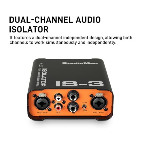 StudioMan IS-3 Dual Channel Audio Signal Isolator - Professional DI Box with Balanced XLR/RCA/TRS Inputs, 10dB/15dB Pad & Ground Lift for Guitar, Bass, Keyboards, Media Players