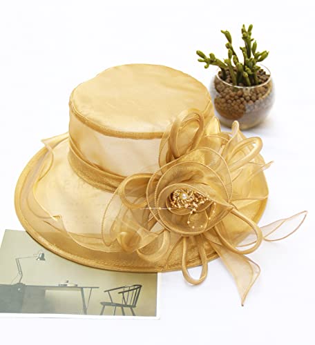 Women Derby Fascinator Hat Organza Church Wedding Hats Wide Brim Cocktail Tea Party Hat - color: 08 Khaki Gold
