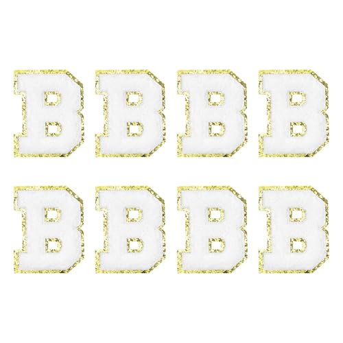MECCANIXITY Chenille Letter Patches 2.2" Self Adhesive Letter B Stick on Embroidered Patch Sew on Letter Stickers Applique for Repairing Clothing Jeans Shoes Hats DIY(White, Pack of 8) - style: Letter B