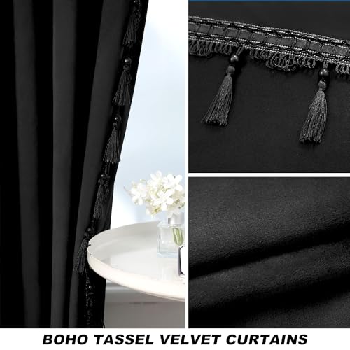 Fazhesici Black Velvet Blackout Curtain, Rod Pocket 2 Panels, 52”W x 120”H | Velvet Drapes with Tassels, Thermal Soundproof Blackout Curtains for Living Room - color: Black, size: 52"W x 120"L (Pack of 2)