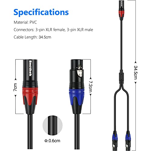 Smithok 1 Male to 2 Female XLR Y Splitter Micrphone Cable, 3 Pin XLR 2 Female to 1 Male, Combiner Y Cord Balanced Mic Audio Cables for Stero Mic to L&R Audio Track(11.8 inches/0.3m) (Pack of 2) - size: 11.8 inches/0.3m (Pack of 2)