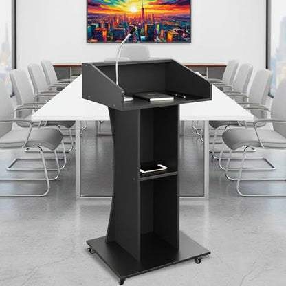 Podium Stand with Lockable Wheels,47"H Wooden Podium for Classroom, Mobile Pulpit Lectern with 3 Storage Shelves for Church, Office,Conference Room (Black) - color: Black