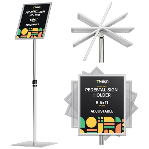 T-Sign 31.5 to 48 Inch Pedestal Sign Holder - Adjustable Floor Sign Stand for 8.5x11 Displays, Heavy Duty Outdoor Sign Holder with Square Base for Restaurants, Retail, Trade Shows, and Events (Silver) - size: 8.5 x 11 inches, Silver