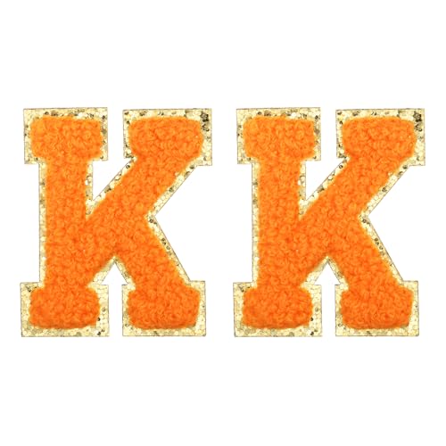 MECCANIXITY Chenille Letter Patches 2.2" Self Adhesive Alphabet K Stick on Embroidered Patch Sew on Letter Stickers Applique for Repairing Clothing Jeans Shoes Hats DIY(Orange, Pack of 2) - style: Letter-K