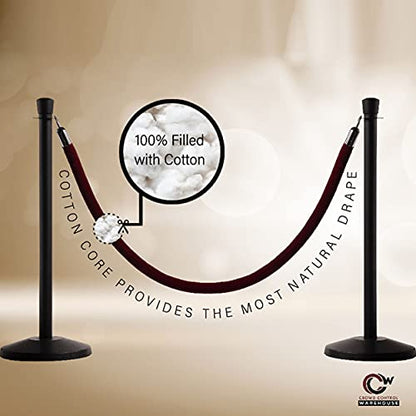 Montour Line Heavy-Duty Velvet Stanchion Rope Cotton Core, Post Queue Line Barrier for Movie Theaters, Grand Openings, Hotels (6 ft, Brown Rope with Satin Brass Snap Ends)