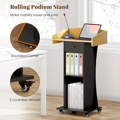 Podium Stand with Metal Wheels Wooden Lectern Podium Stand Portable Pulpit Standing with Storage Mobile Reception Podiums for Church Office School Conference Restaurant Meeting,Wood+Black - color: Black&wood
